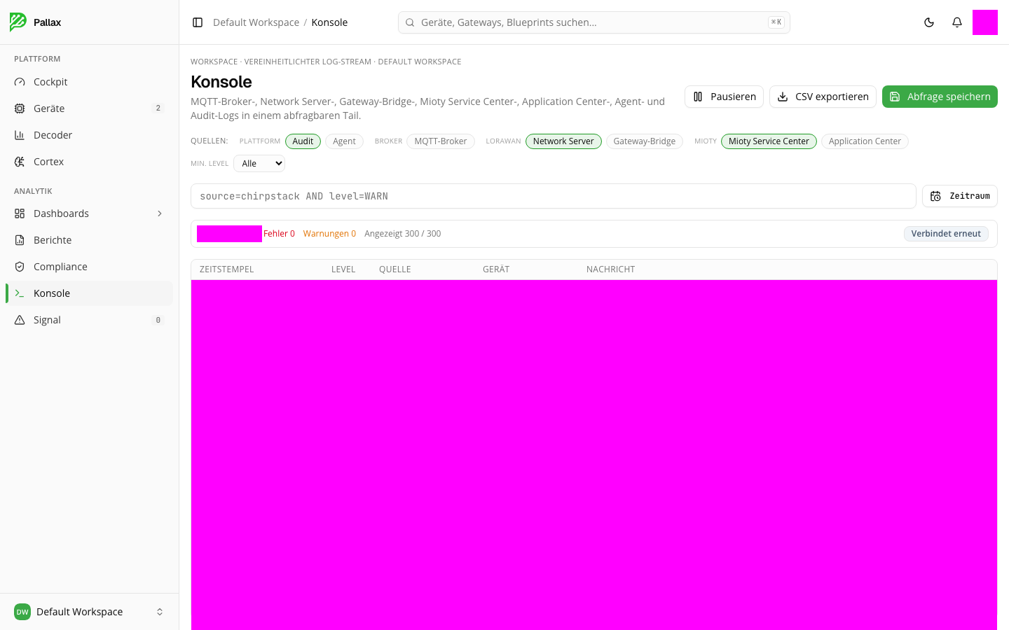 Die Konsole mit Quellenfiltern; der laufend aktualisierte Protokollbereich ist im Screenshot bewusst abgedeckt