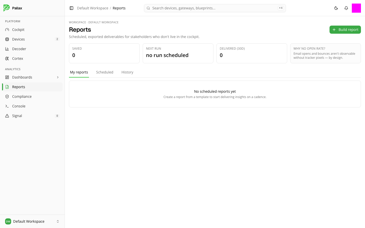 The empty reports overview with the three metric tiles
