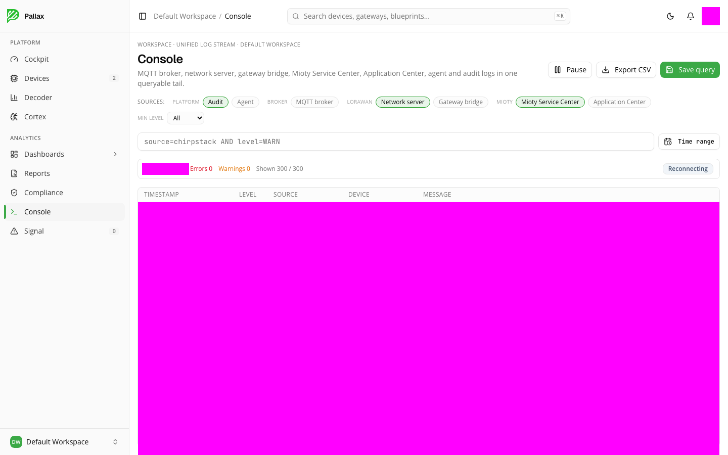 The Console with source filters; the continuously updating log area is deliberately covered in the screenshot