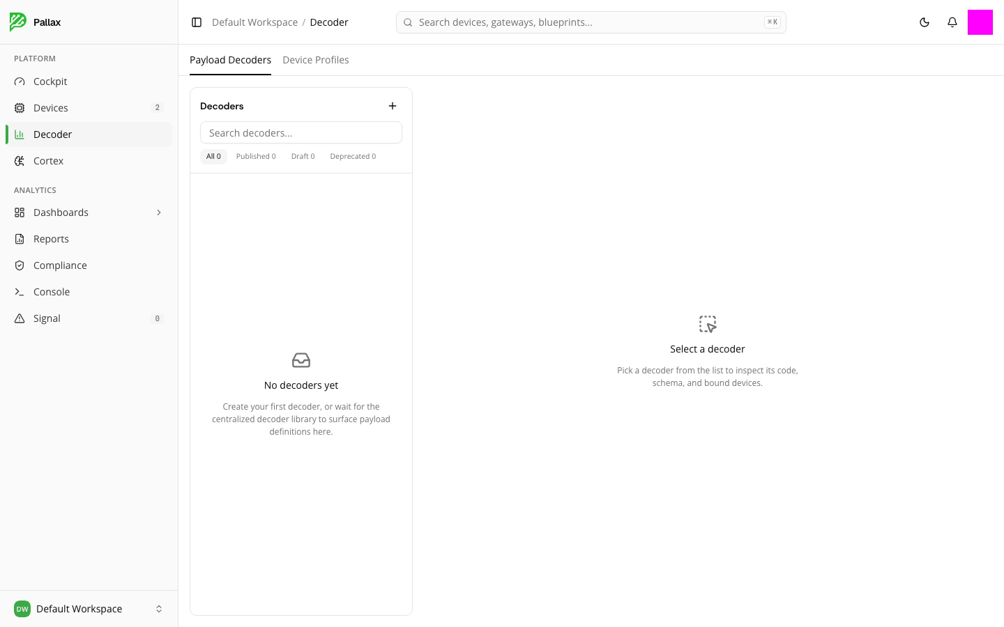 The decoder overview with an empty list and selection panel