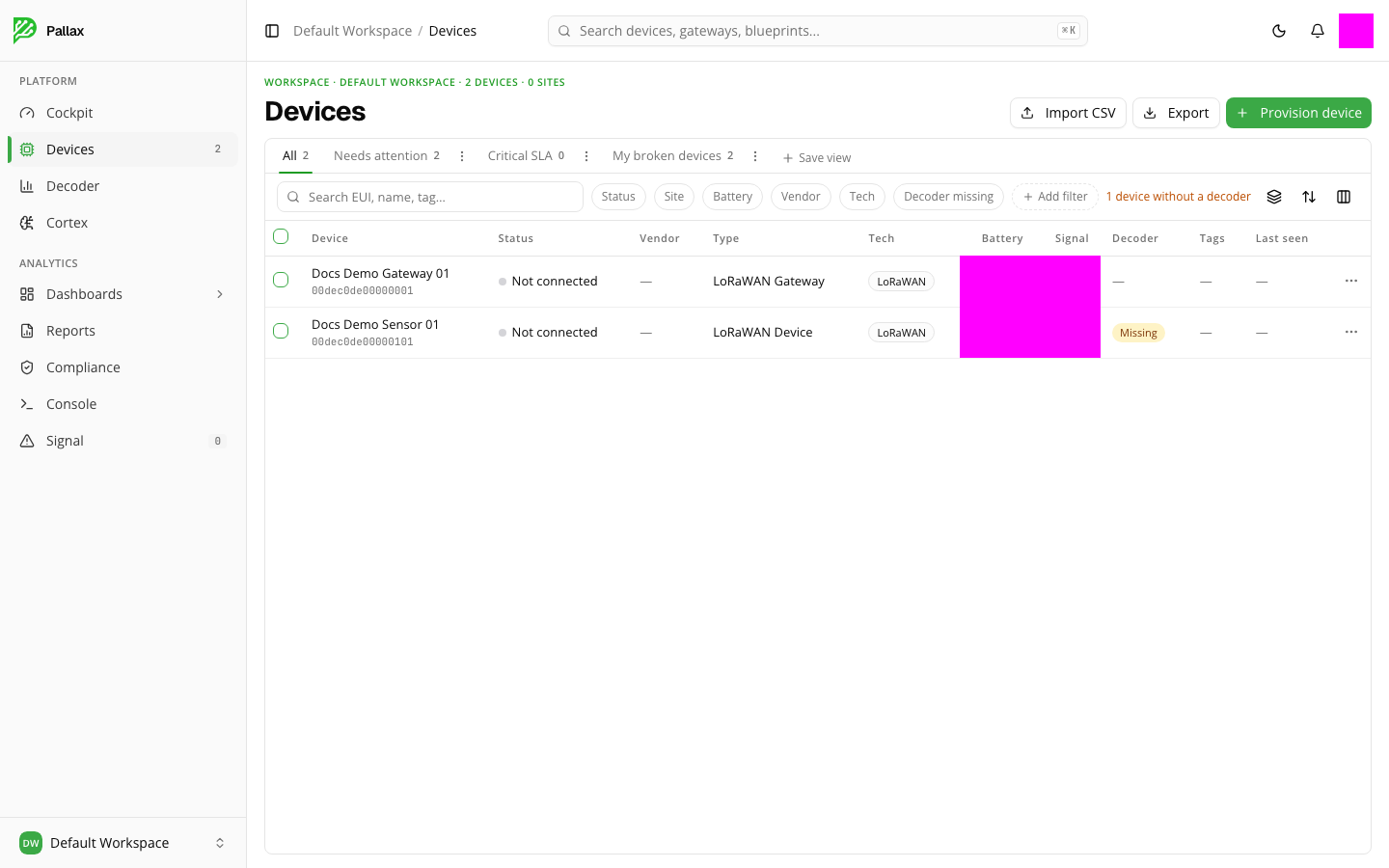 The device list with filters, tabs, and the two provisioned test devices
