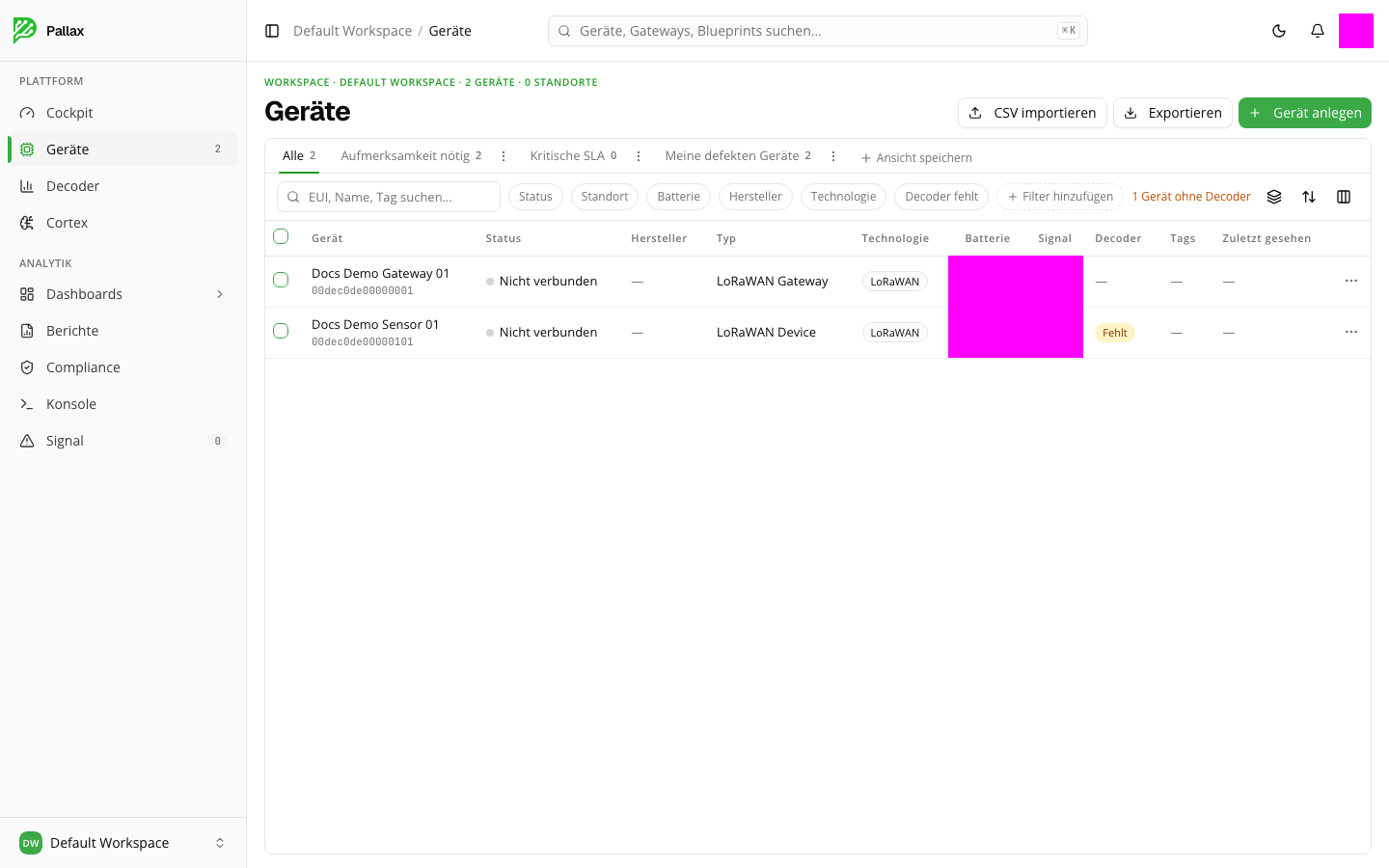 Die Geräteliste mit Filtern, Tabs und den beiden angelegten Testgeräten